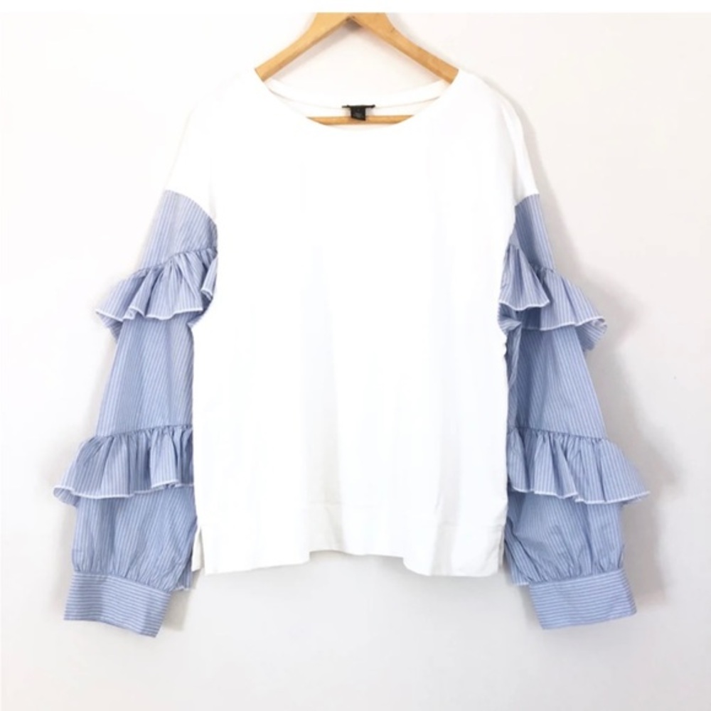 Halogen Womens Sweatshirt Sz MP White Blue Pin Stripe Long Sleeve Ruffle Top